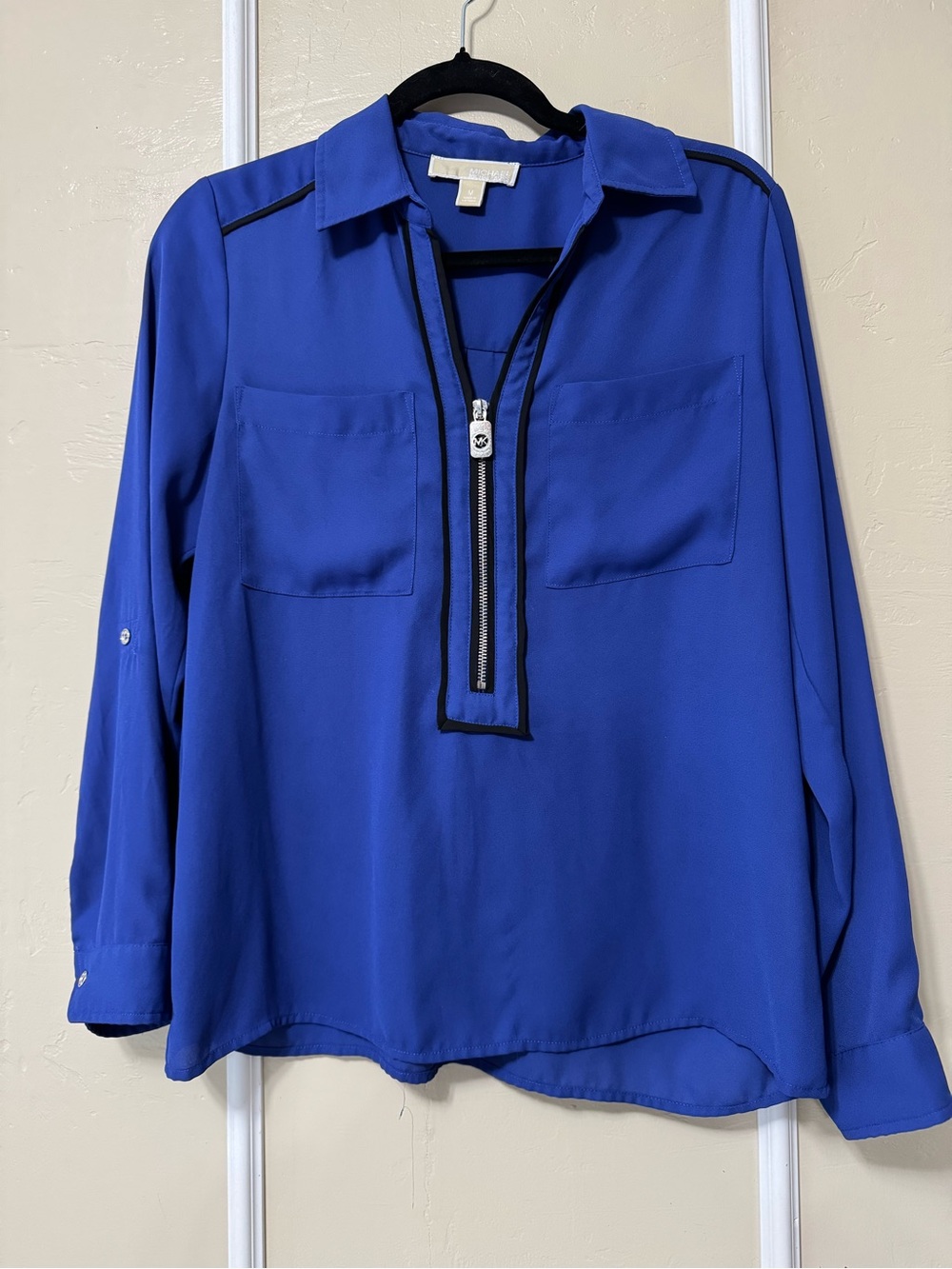MICHAEL Michael Kors Royal Blue Zip-Front Blouse with Black Trim